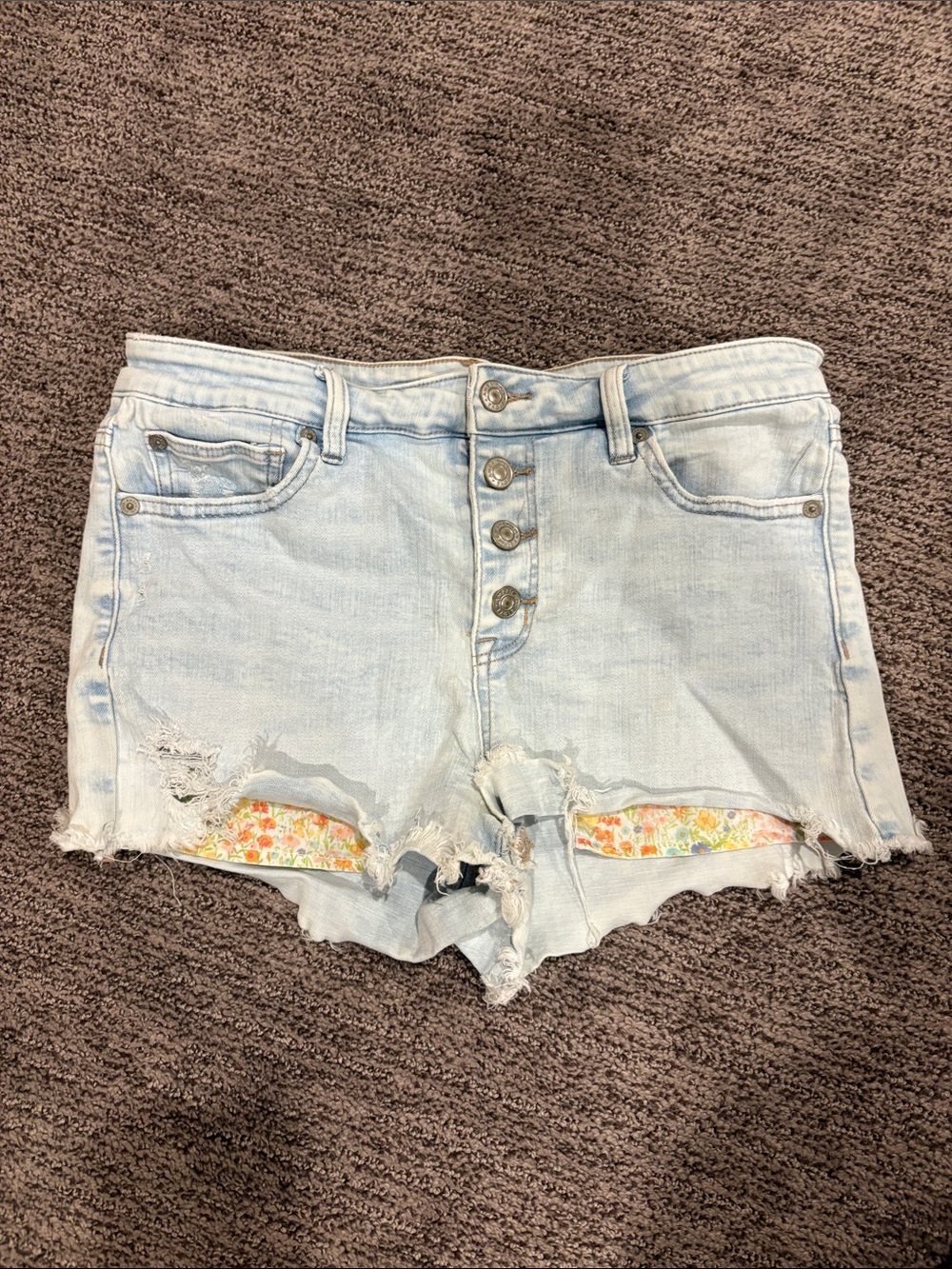 Light Blue Distressed Denim Shorts with Floral Patch
